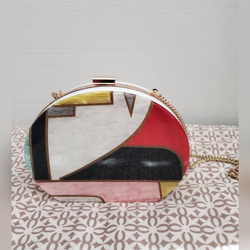 Zara Woman Marble Gloss Clutch Bag With Chain .